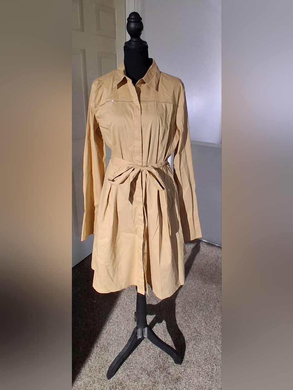 DKNY Beige Long Sleeve Zipper Shirt Dress with Self Tie Waist